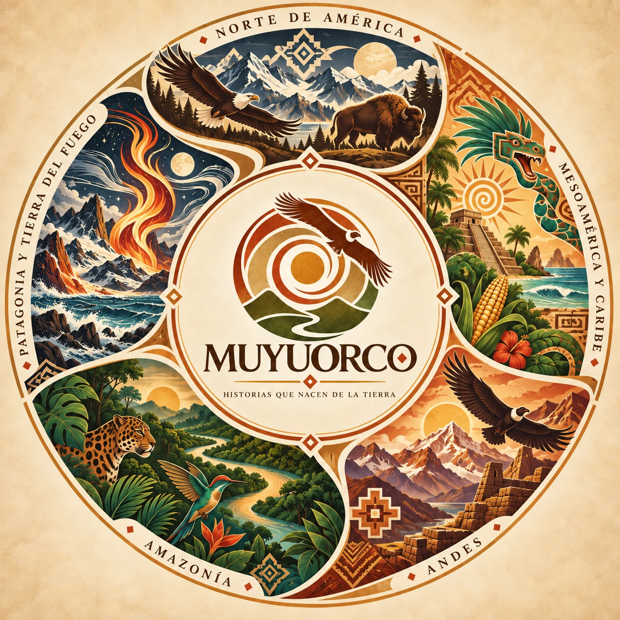Raíces: los 5 grandes territorios de Muyuorco. Norte de América, Mesoamérica y Caribe, Andes, Amazonía, Patagonia y Tierra del Fuego